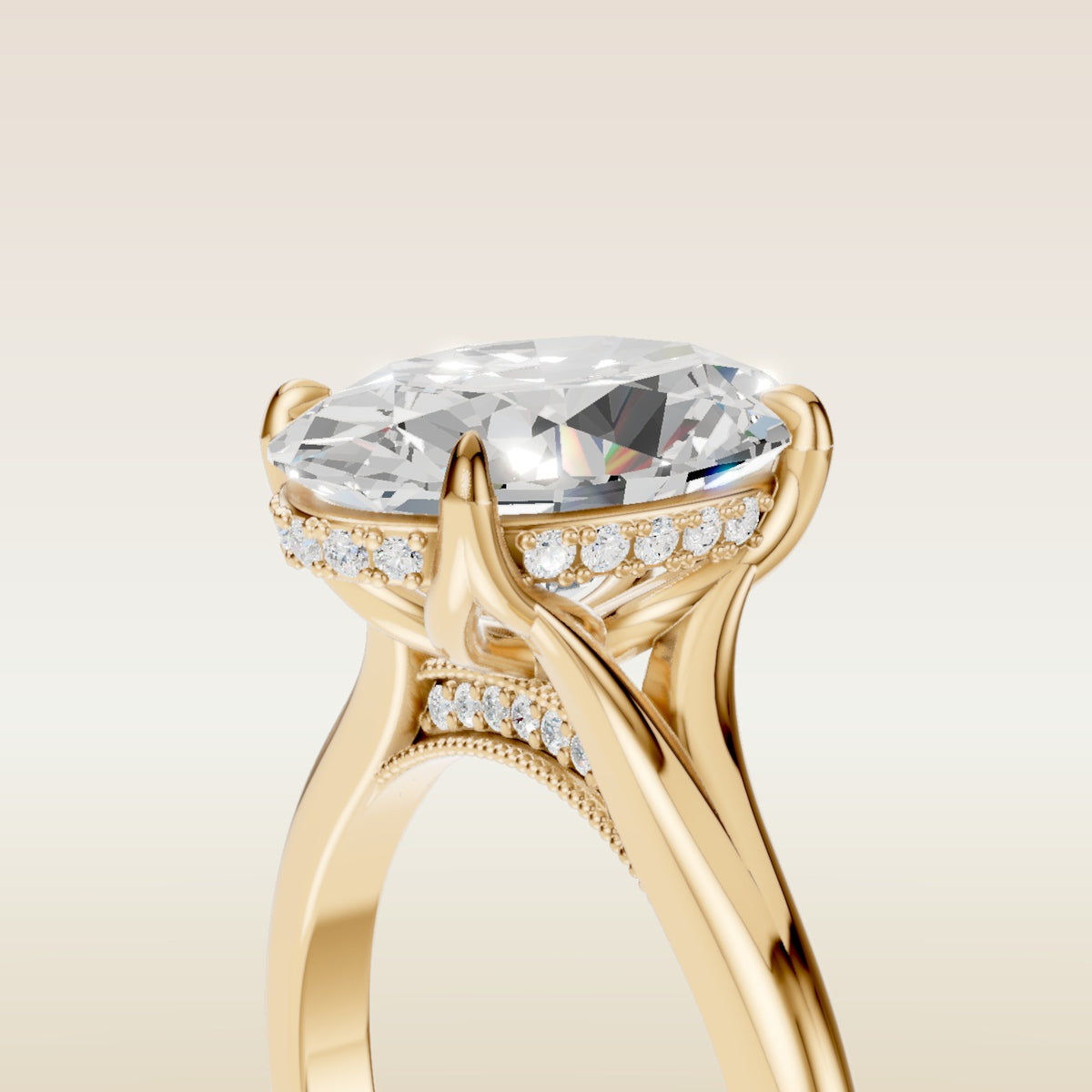 Oval Tulip Diamond Bridge Split Shank engagement ring in yellow gold, basket close up