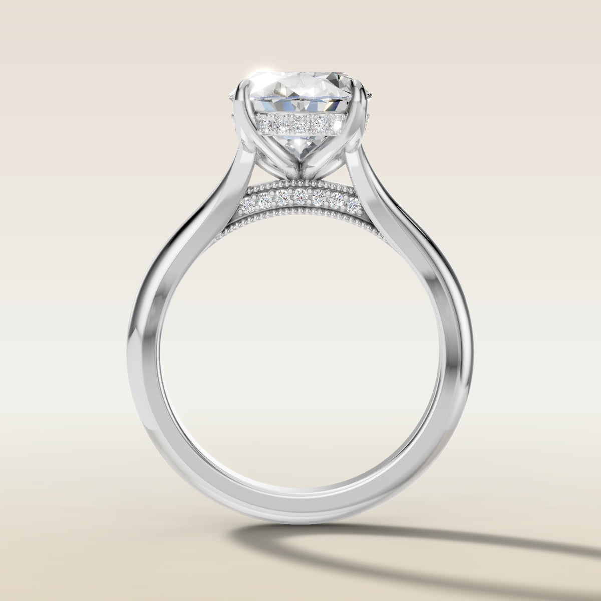Oval Tulip Diamond Bridge Split Shank engagement ring in white gold, front view