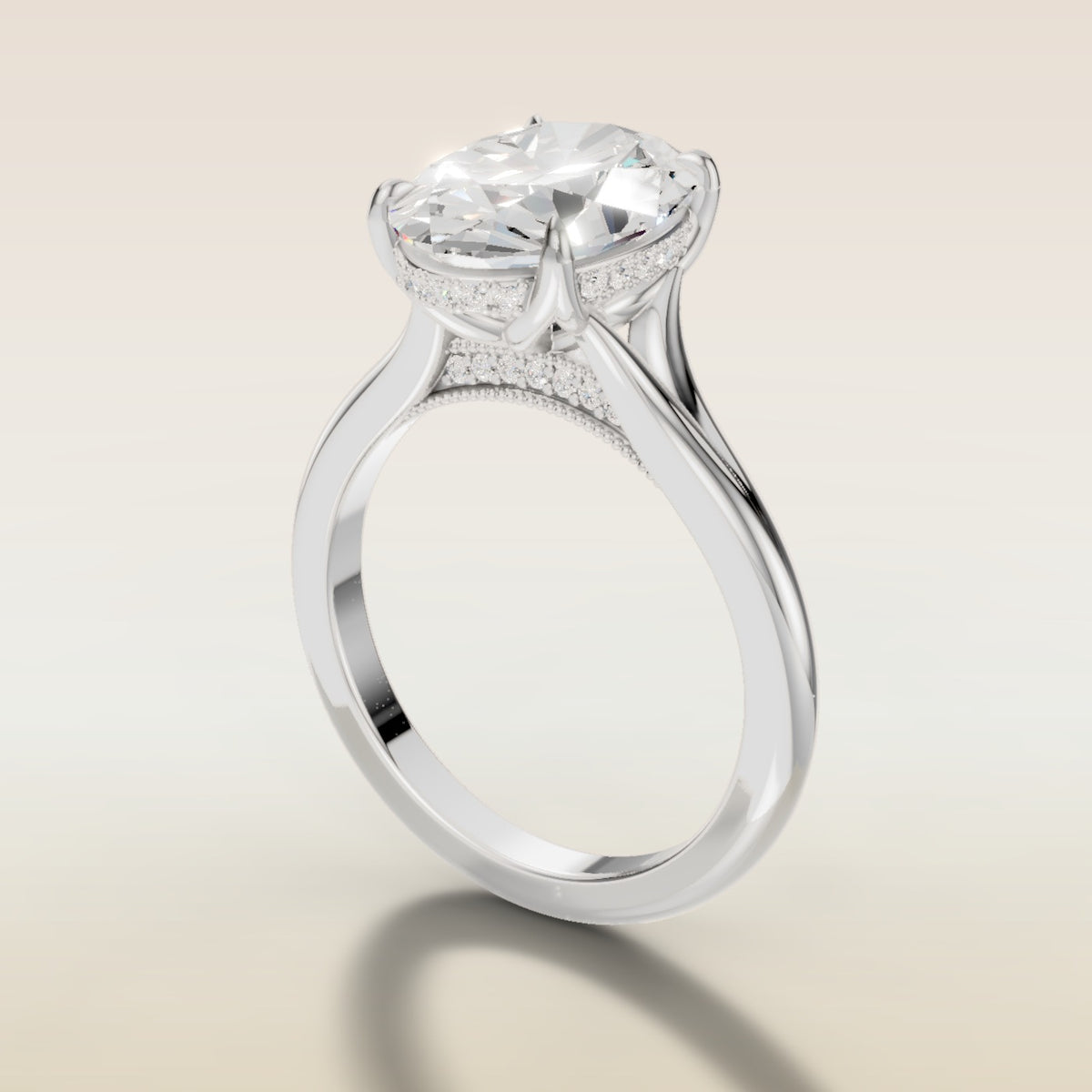 Oval Tulip Diamond Bridge Split Shank engagement ring in white gold, angled side view