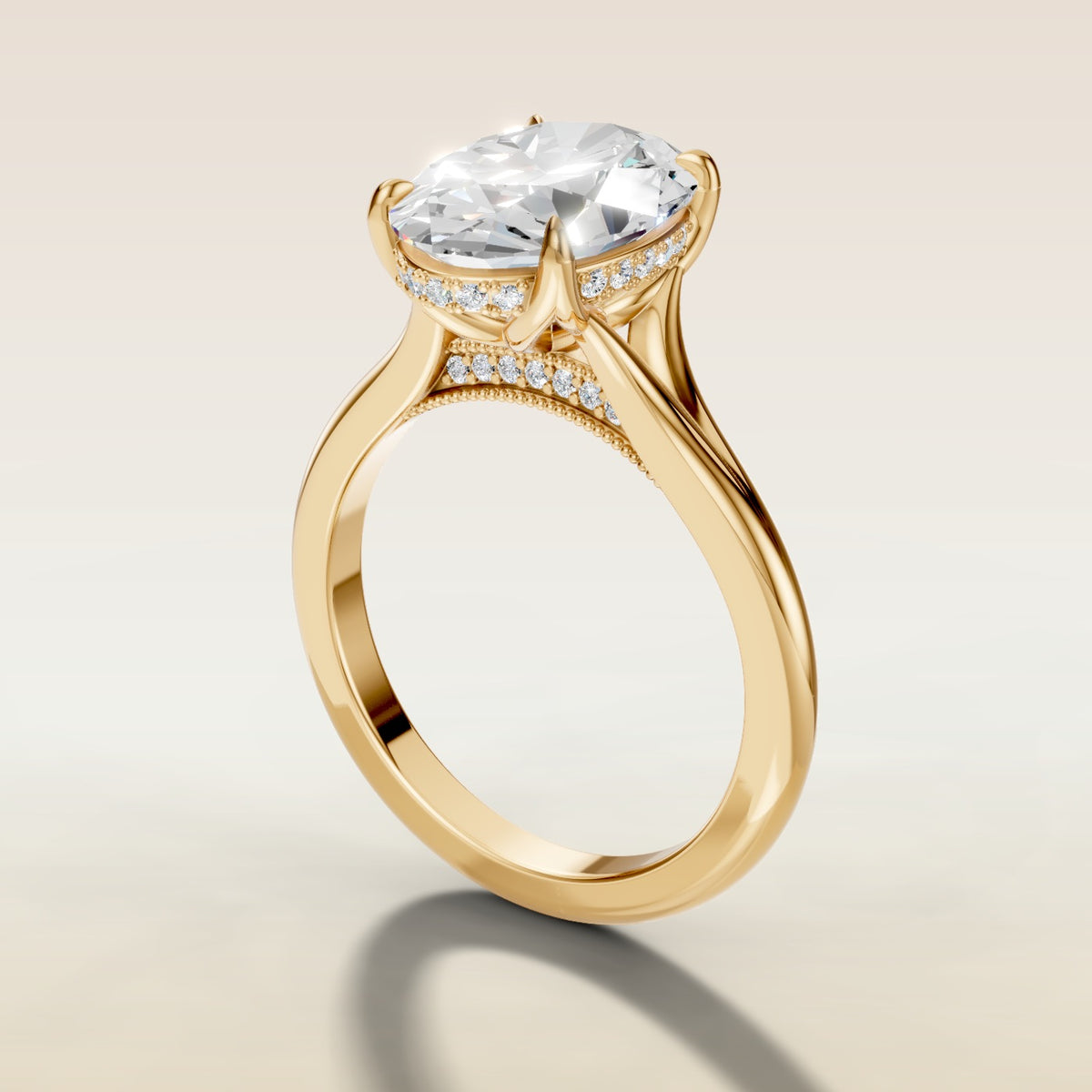 Oval Tulip Diamond Bridge Split Shank engagement ring in yellow gold, angled side view