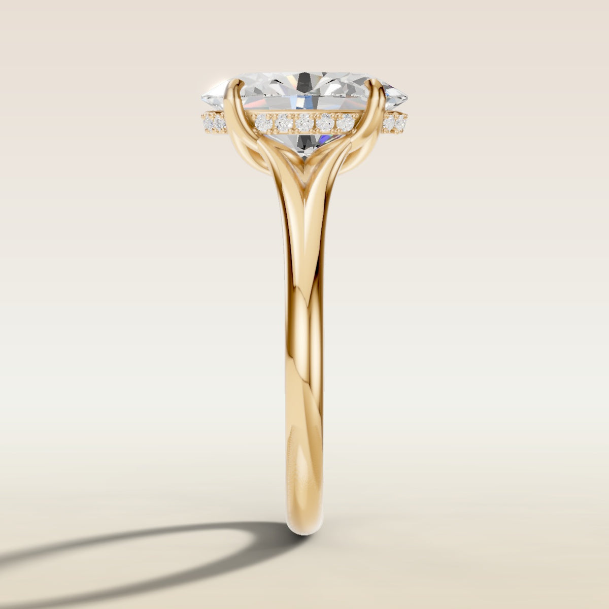 Oval Tulip Diamond Bridge Split Shank engagement ring in yellow gold, side profile