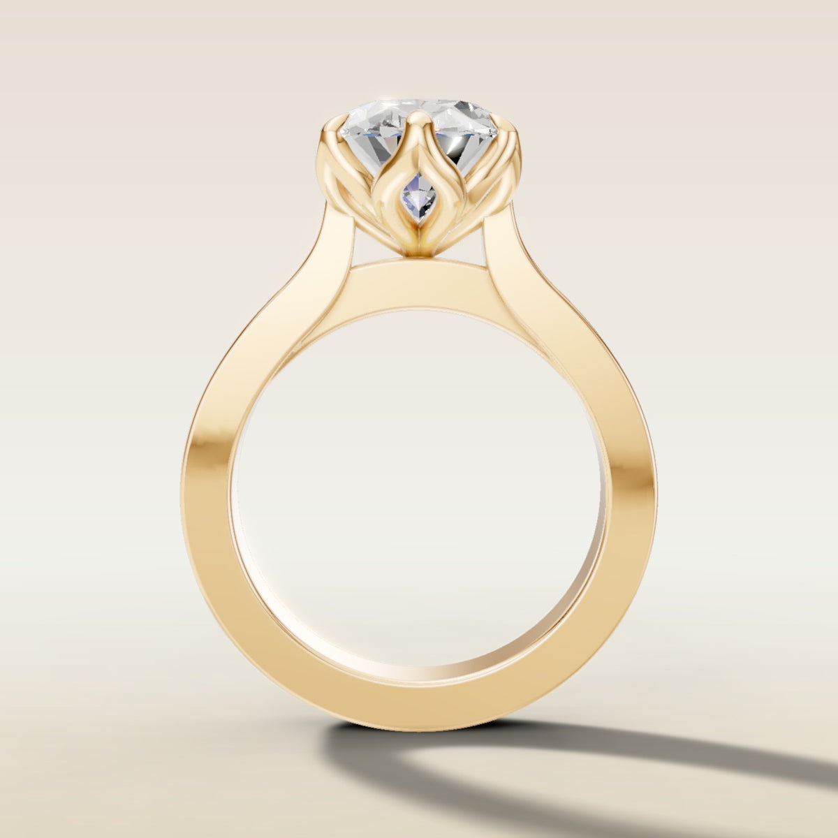 Oval Tulip Thick Band engagement ring in yellow gold, front view