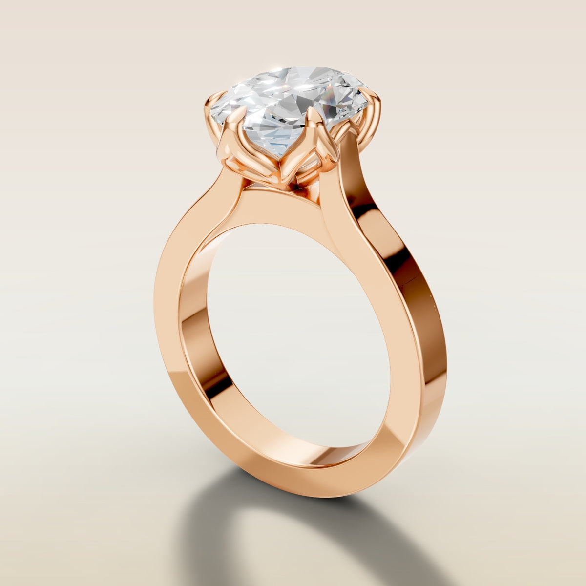 Oval Tulip Thick Band engagement ring in rose gold, angled side view