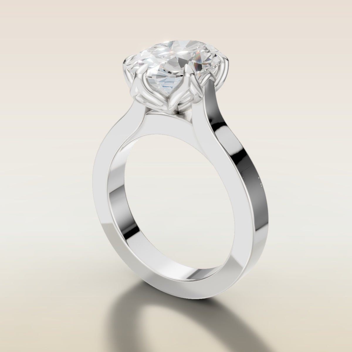 Oval Tulip Thick Band engagement ring in white gold, angled side view