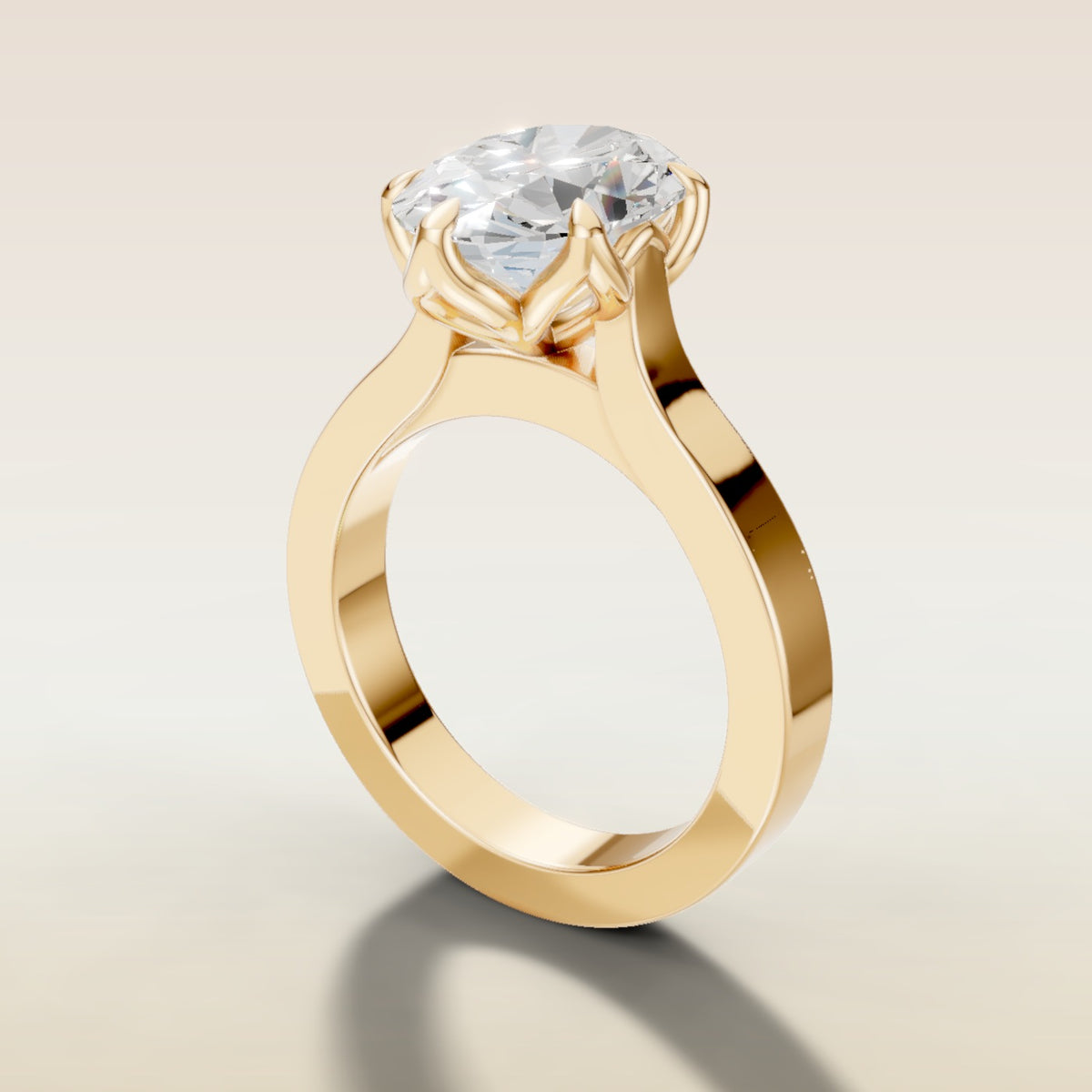 Oval Tulip Thick Band engagement ring in yellow gold, angled side view