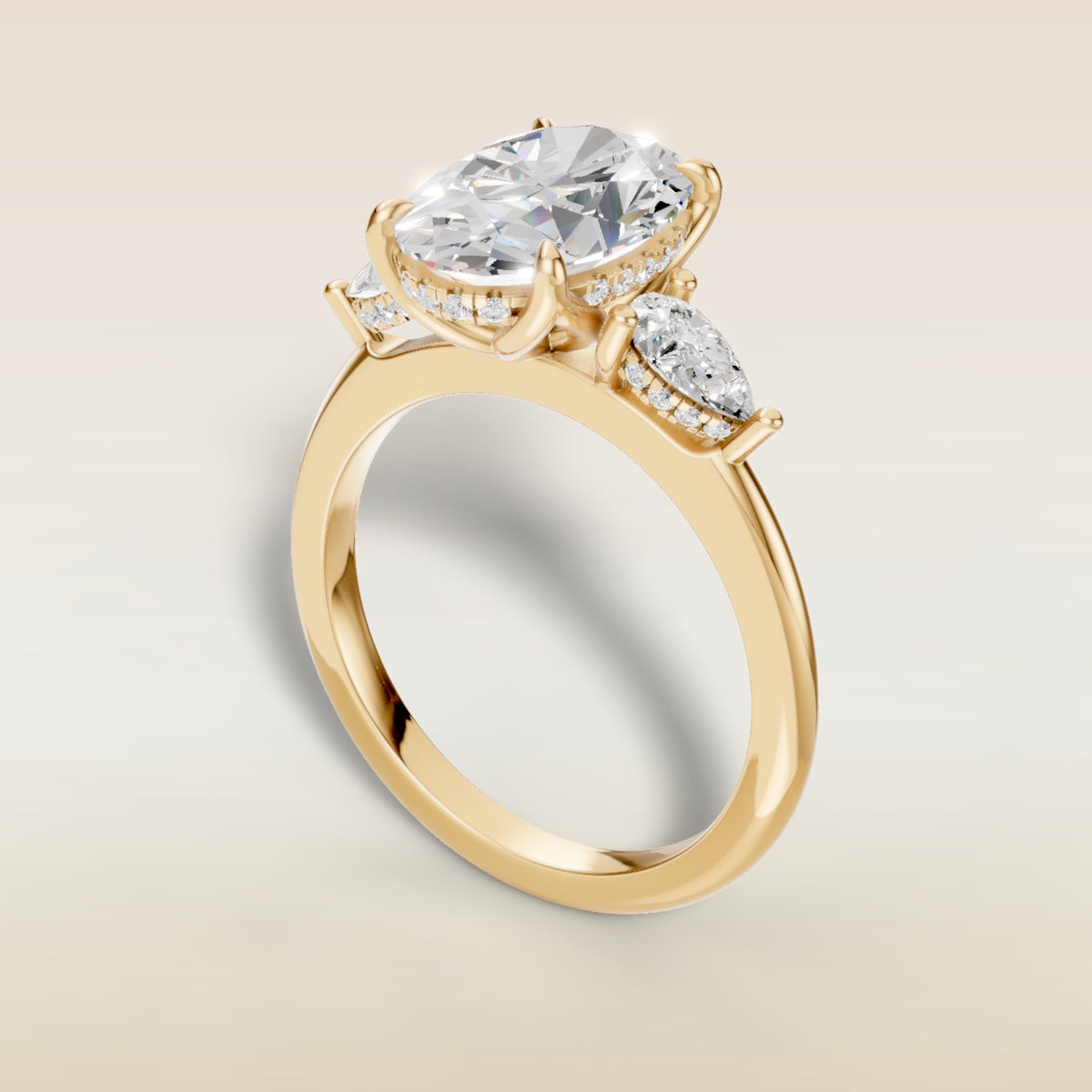Oval Tulip Three Stone Hidden Halo engagement ring in yellow gold, back angle