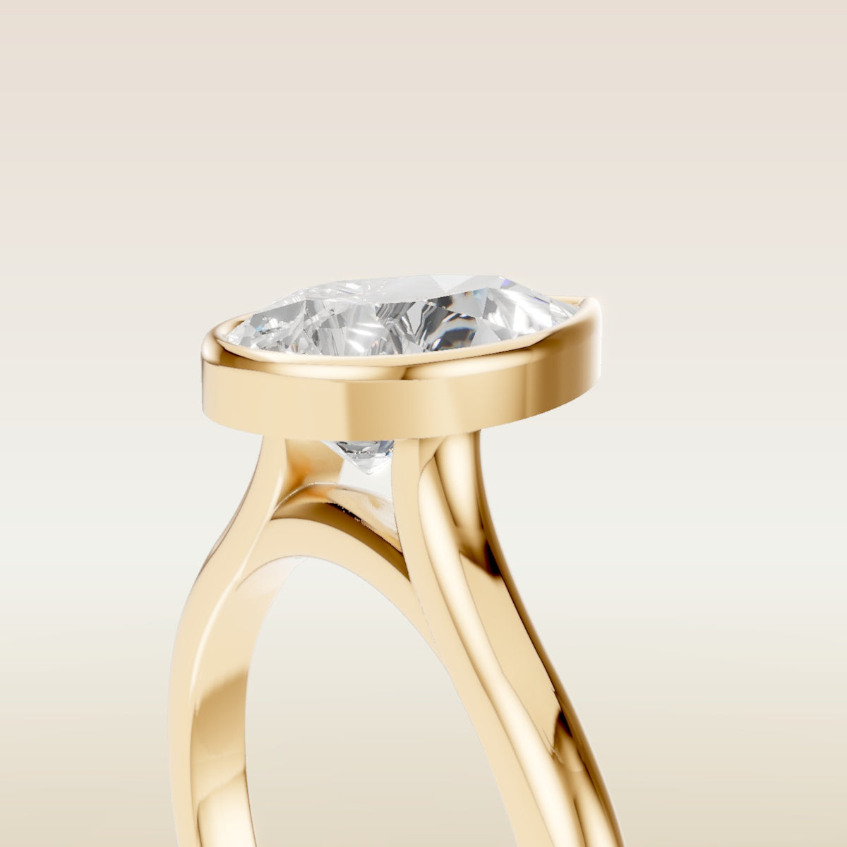 Pear Full Bezel Cathedral engagement ring in yellow gold, basket close up