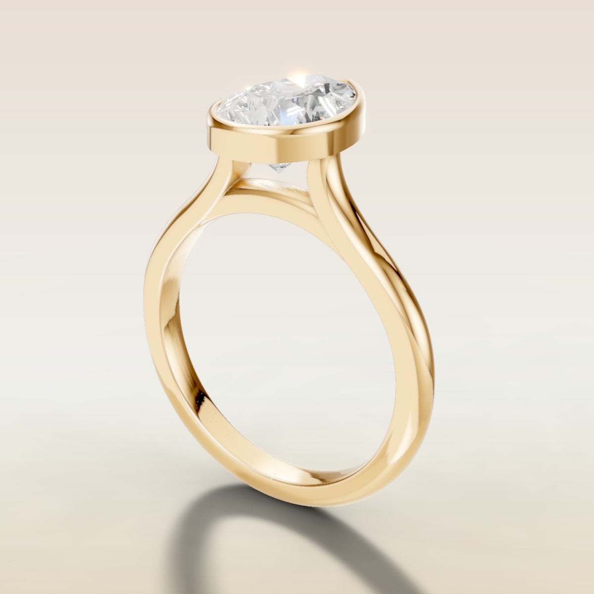 Pear Full Bezel Cathedral engagement ring in yellow gold, angled side view
