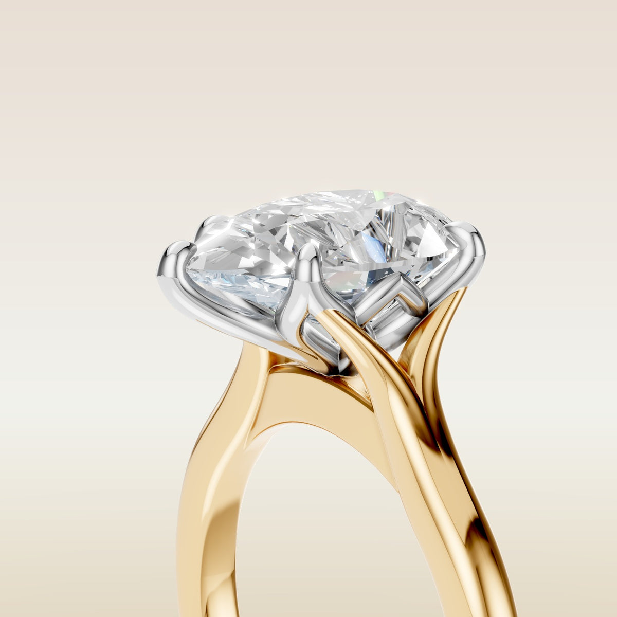 Pear Half Petal Tulip Split Shank engagement ring in gold, basket close up