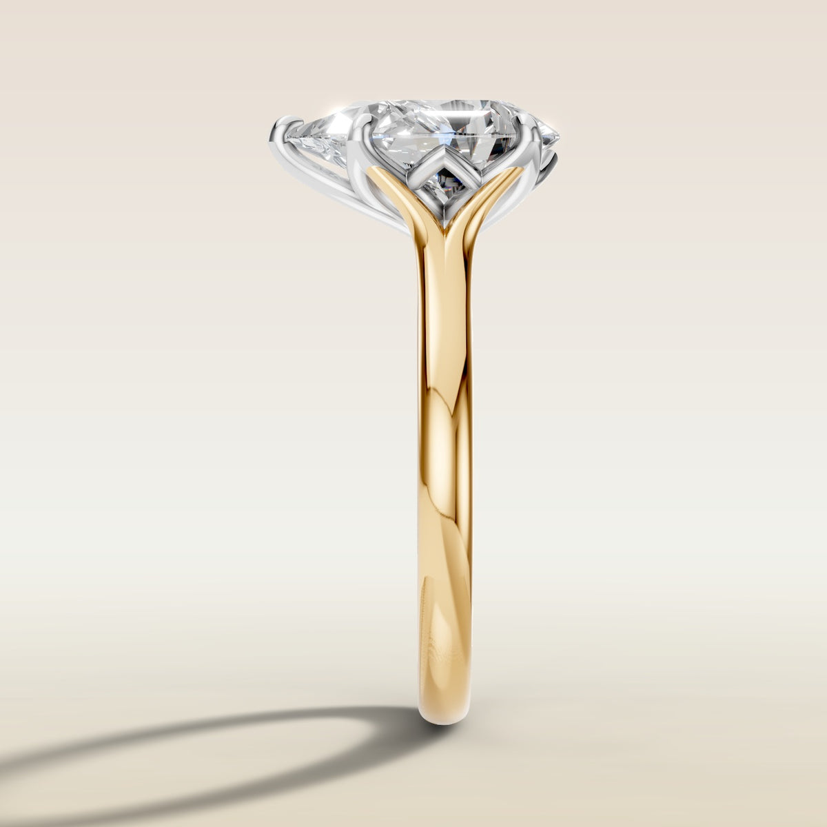 Pear Half Petal Tulip Split Shank engagement ring in gold, side profile