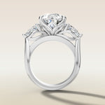 Pear Tulip Three Stone Diamond Bridge engagement ring in white gold, front view