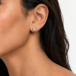 Radiant cut lab grown diamond stud earring worn on the ear