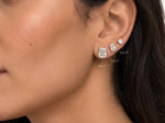 Radiant cut lab grown diamond stud earrings worn in 0.5, 1.5 and 3.0 carat sizes