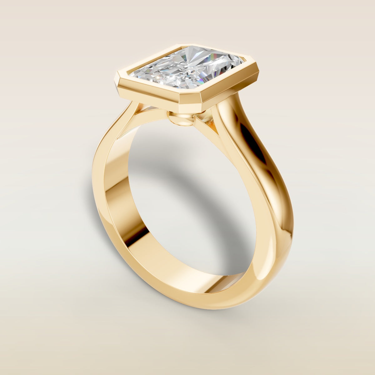 Radiant Full Bezel Thick Band engagement ring in yellow gold, back angle