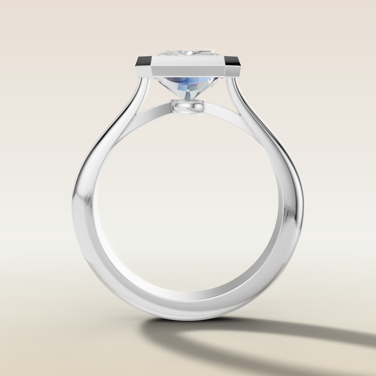 Radiant Full Bezel Thick Band engagement ring in white gold, front view