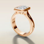 Radiant Full Bezel Thick Band engagement ring in rose gold, angled side view