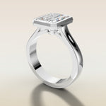 Radiant Full Bezel Thick Band engagement ring in white gold, angled side view