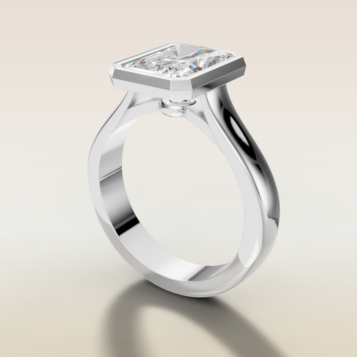 Radiant Full Bezel Thick Band engagement ring in white gold, angled side view