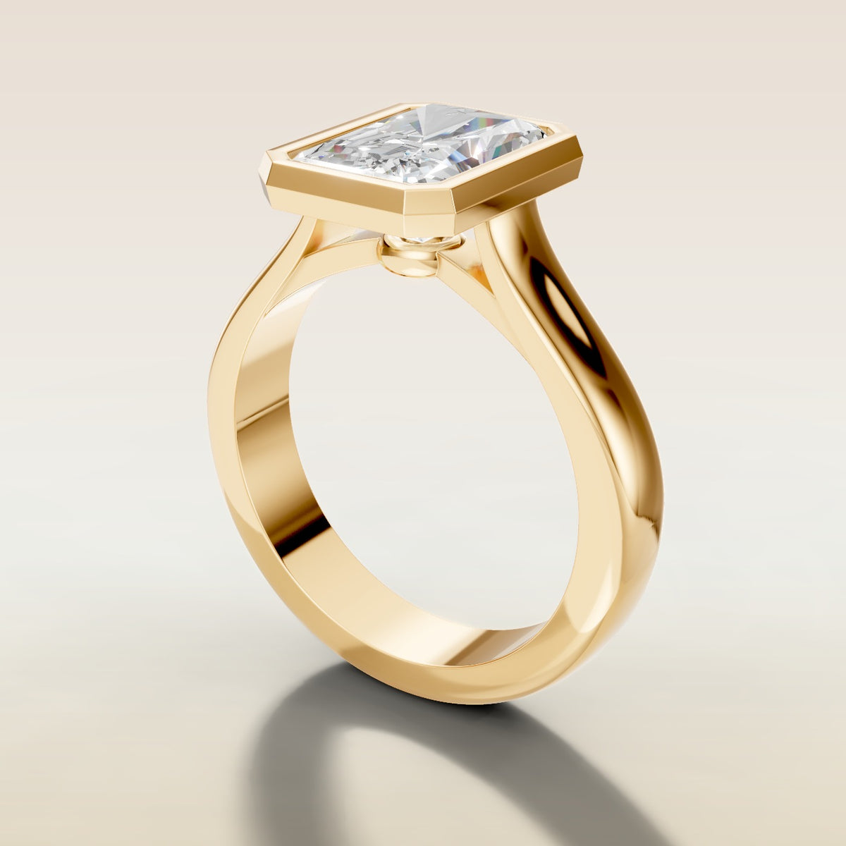 Radiant Full Bezel Thick Band engagement ring in yellow gold, angled side view