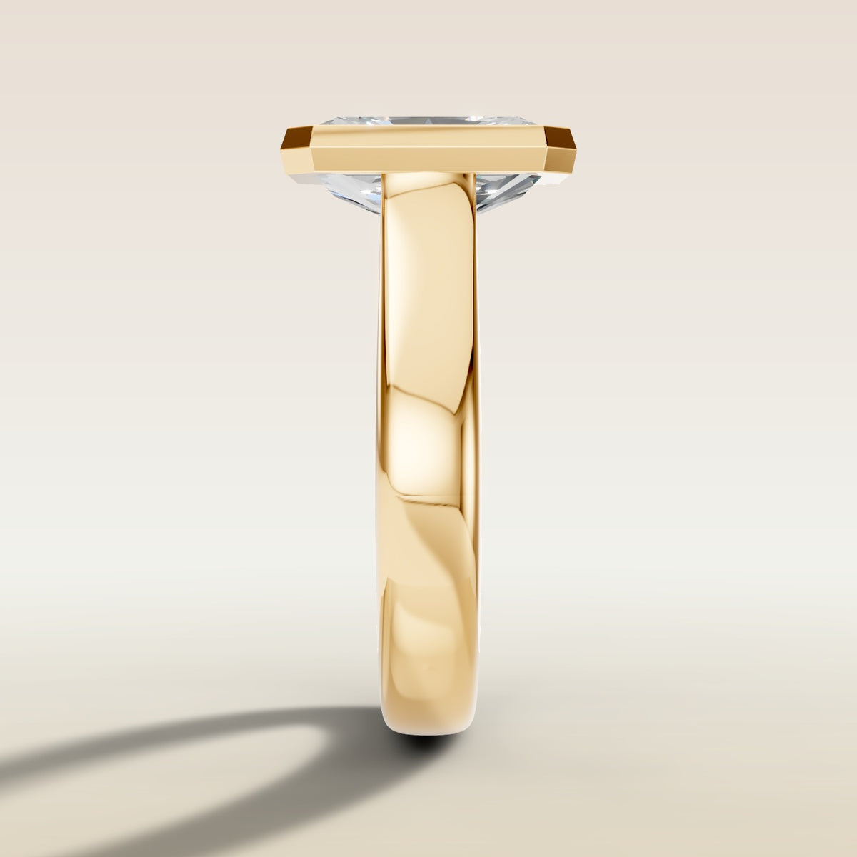 Radiant Full Bezel Thick Band engagement ring in yellow gold, side profile