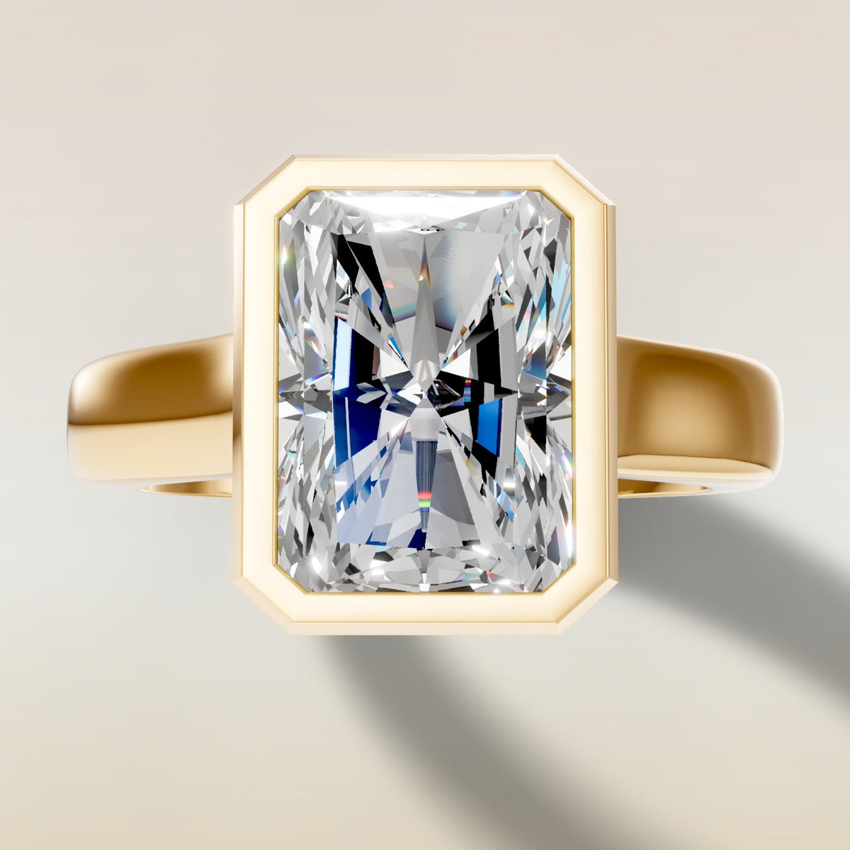 Radiant Full Bezel Thick Band engagement ring in yellow gold, top view