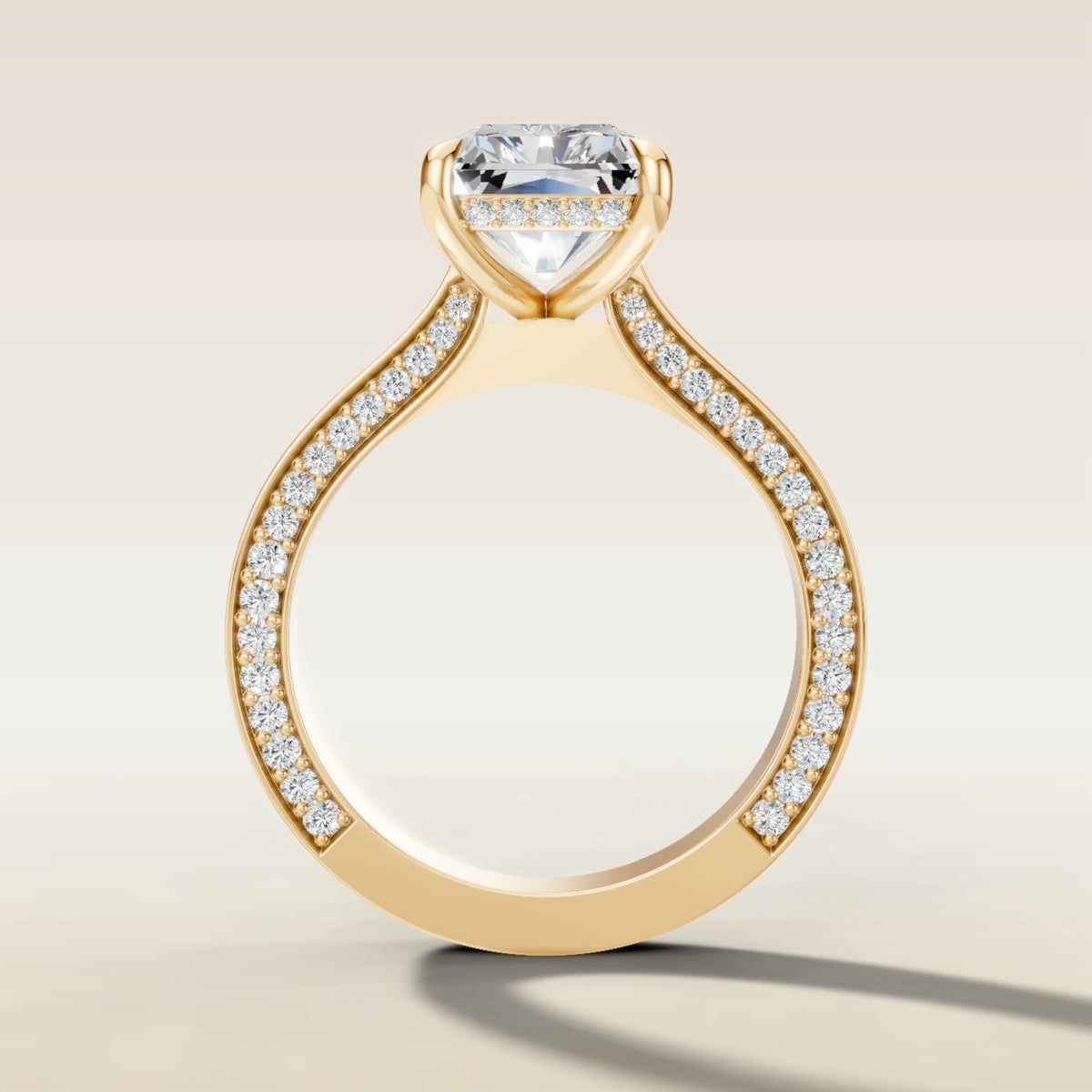 Radiant Hidden Diamonds Cathedral engagement ring in yellow gold, front view
