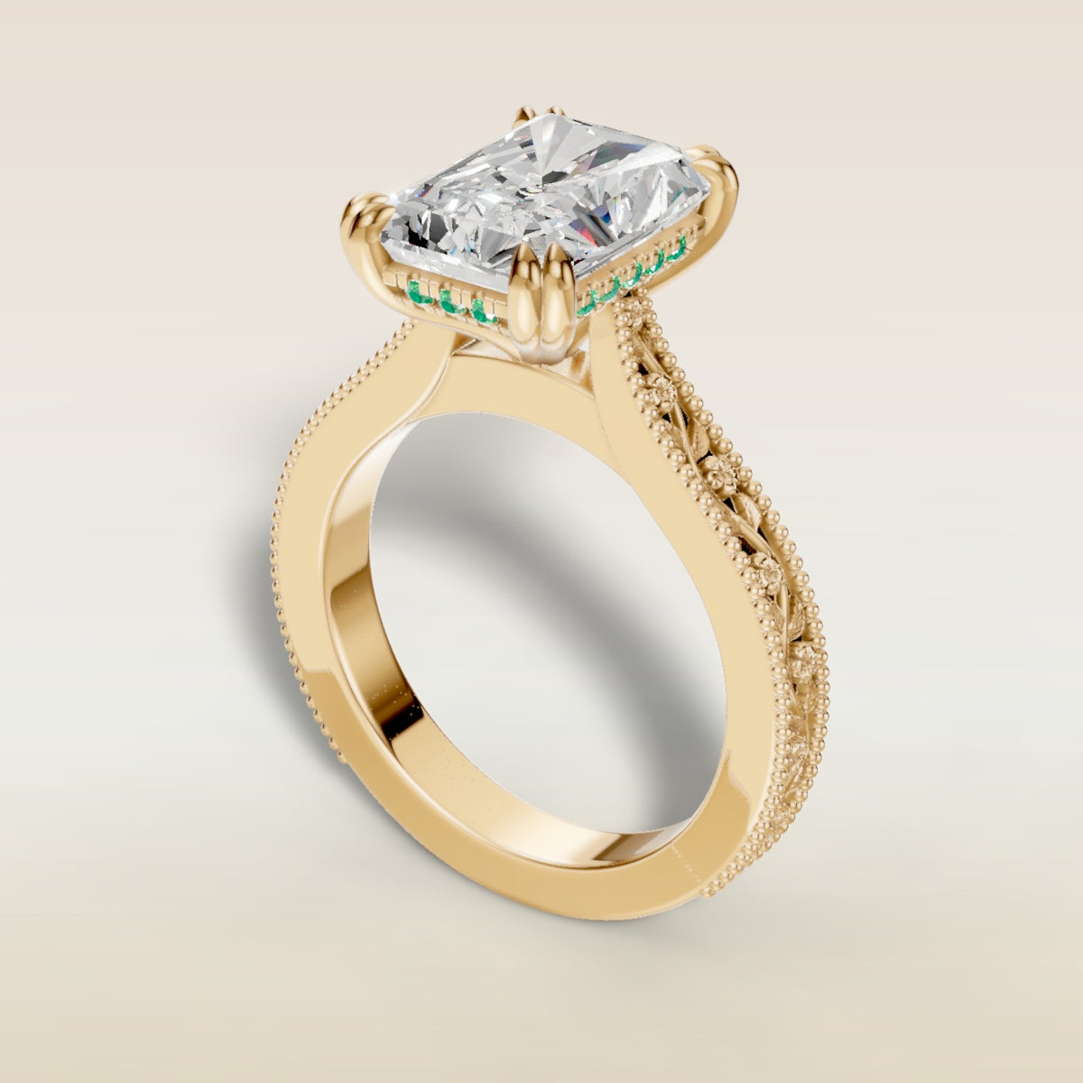 Radiant Hidden Halo Floral Engraved engagement ring in yellow gold, back angle