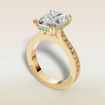 Radiant Hidden Halo Floral Engraved engagement ring in yellow gold, back angle
