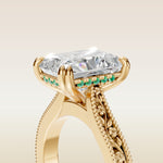 Radiant Hidden Halo Floral Engraved engagement ring in yellow gold, basket close up