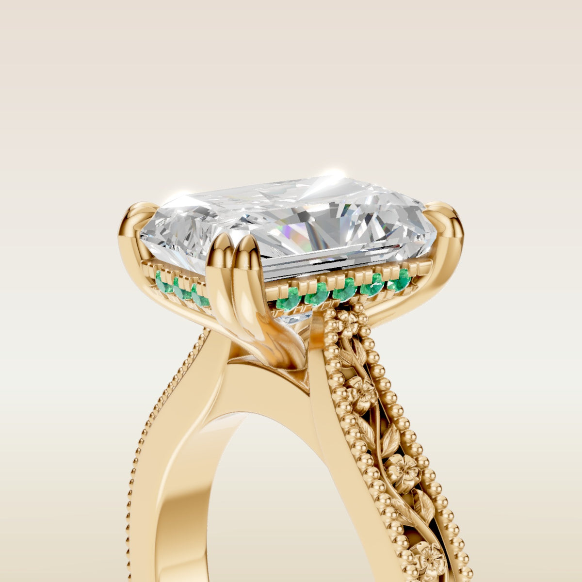 Radiant Hidden Halo Floral Engraved engagement ring in yellow gold, basket close up