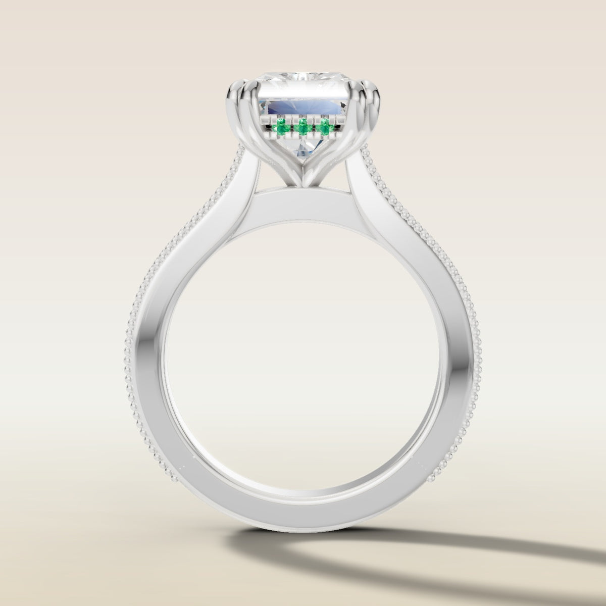 Radiant Hidden Halo Floral Engraved engagement ring in white gold, front view