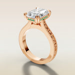 Radiant Hidden Halo Floral Engraved engagement ring in rose gold, angled side view