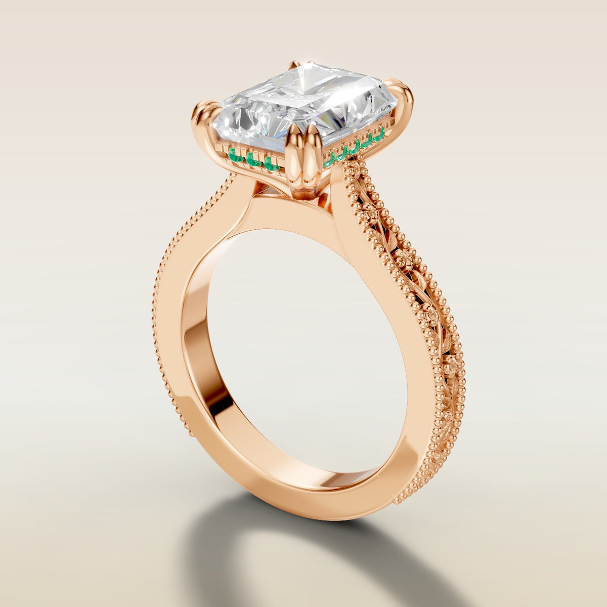 Radiant Hidden Halo Floral Engraved engagement ring in rose gold, angled side view
