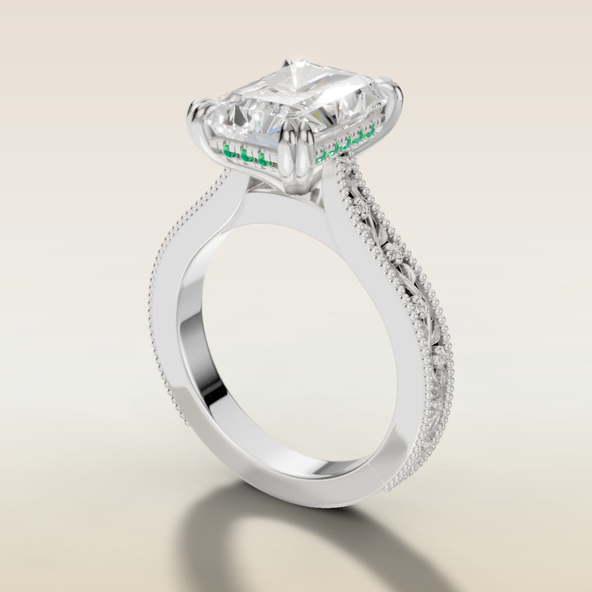 Radiant Hidden Halo Floral Engraved engagement ring in white gold, angled side view