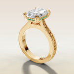 Radiant Hidden Halo Floral Engraved engagement ring in yellow gold, angled side view