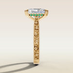 Radiant Hidden Halo Floral Engraved engagement ring in yellow gold, side profile