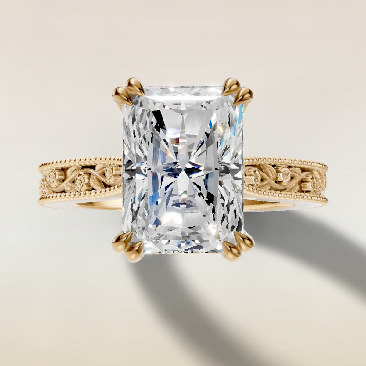 Radiant Hidden Halo Floral Engraved engagement ring in yellow gold, top view