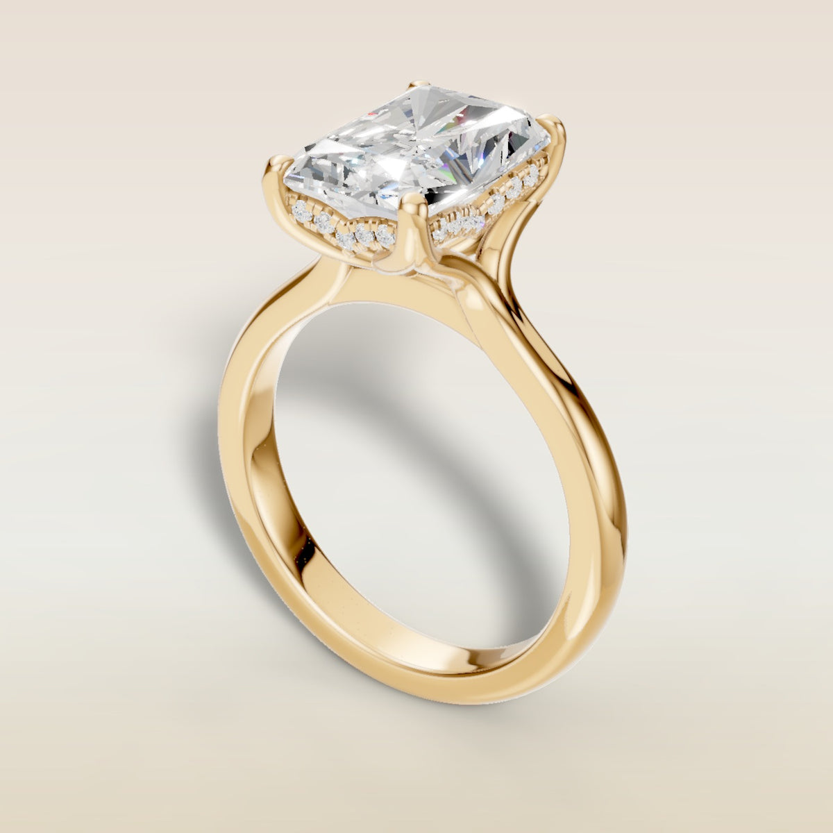 Radiant Tulip Curved Hidden Halo Split Shank engagement ring in yellow gold, back angle