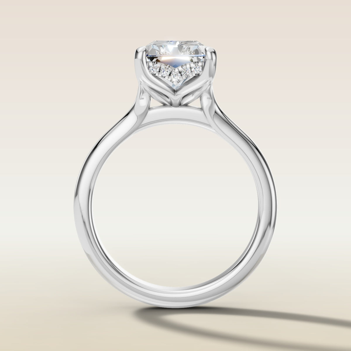 Radiant Tulip Curved Hidden Halo Split Shank engagement ring in white gold, front view
