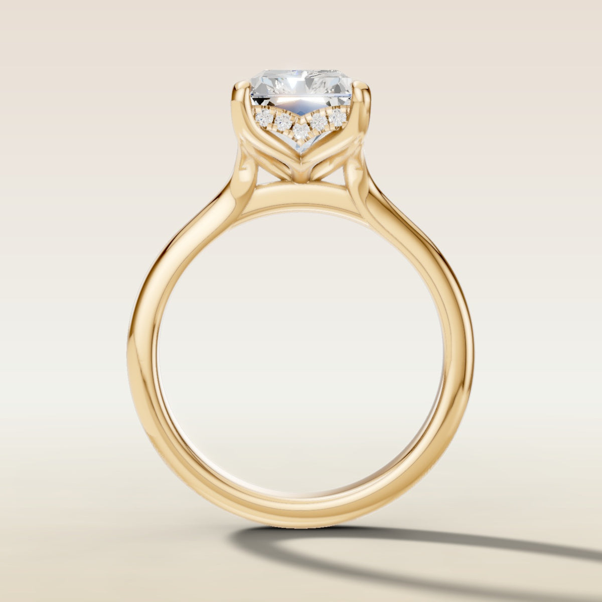 Radiant Tulip Curved Hidden Halo Split Shank engagement ring in yellow gold, front view