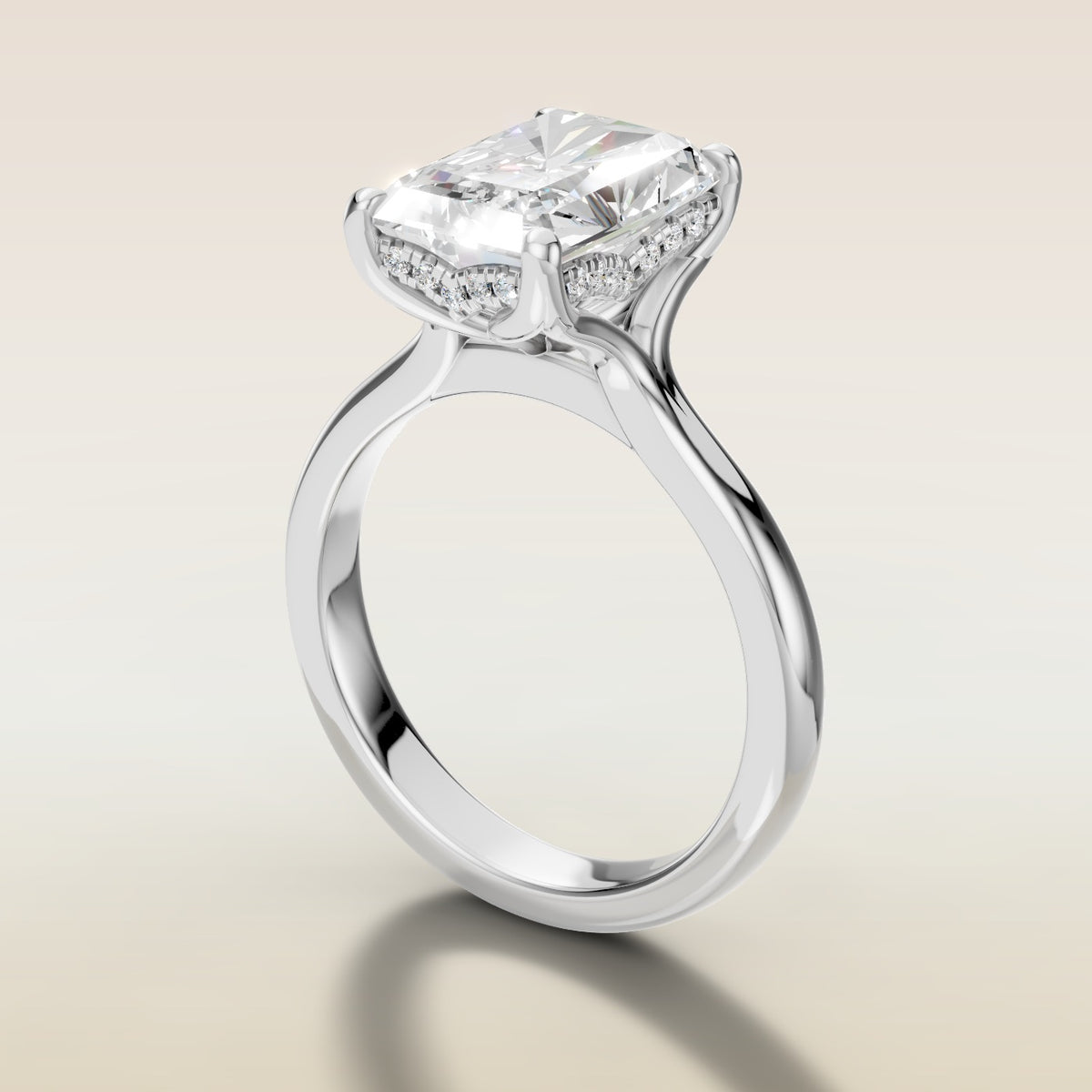 Radiant Tulip Curved Hidden Halo Split Shank engagement ring in white gold, angled side view