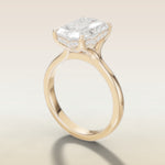 Radiant Tulip Curved Hidden Halo Split Shank engagement ring in yellow gold, angled side view