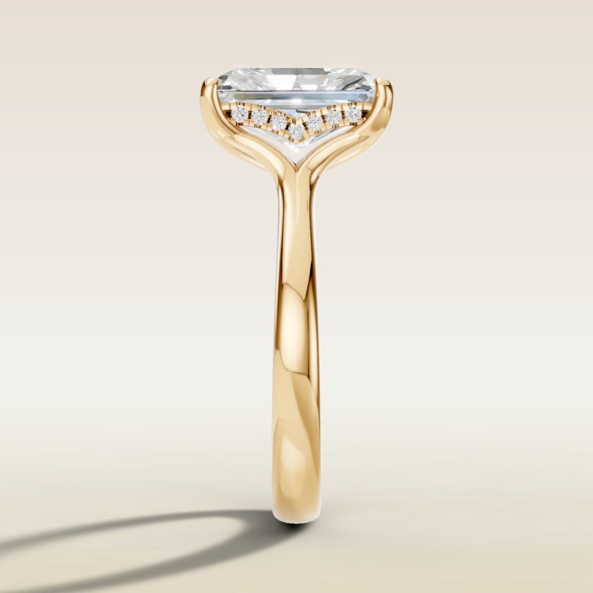 Radiant Tulip Curved Hidden Halo Split Shank engagement ring in yellow gold, side profile