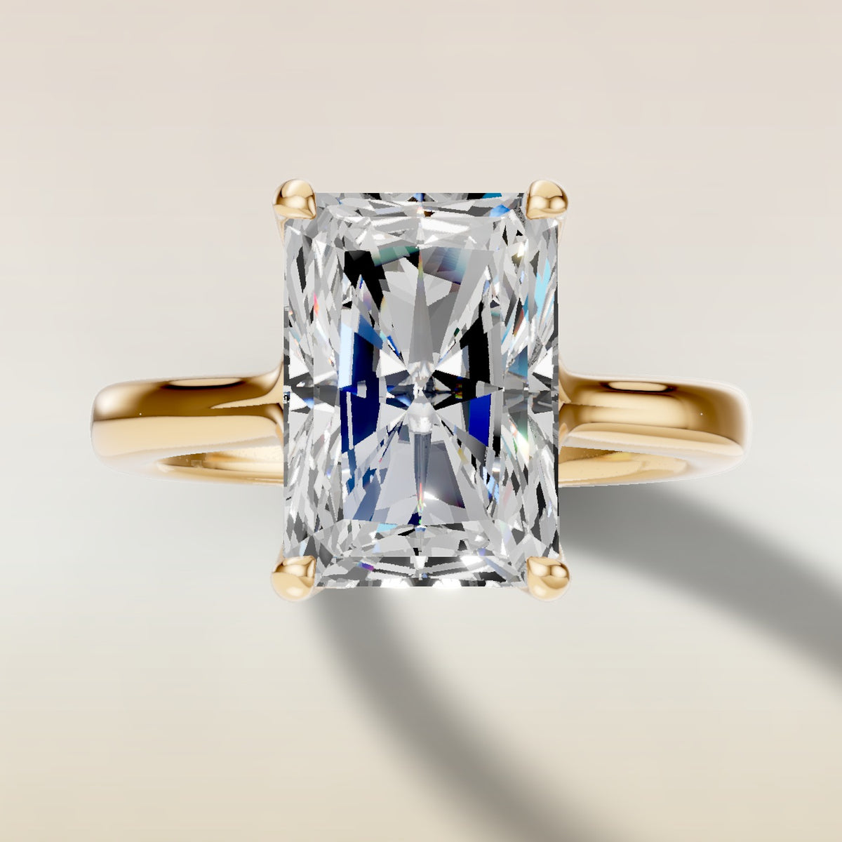 Radiant Tulip Curved Hidden Halo Split Shank engagement ring in yellow gold, top view