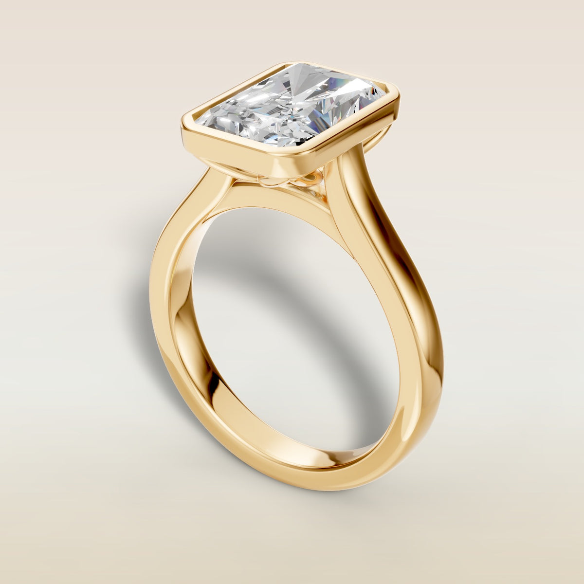 Radiant Tulip Full Bezel engagement ring in gold, back angle