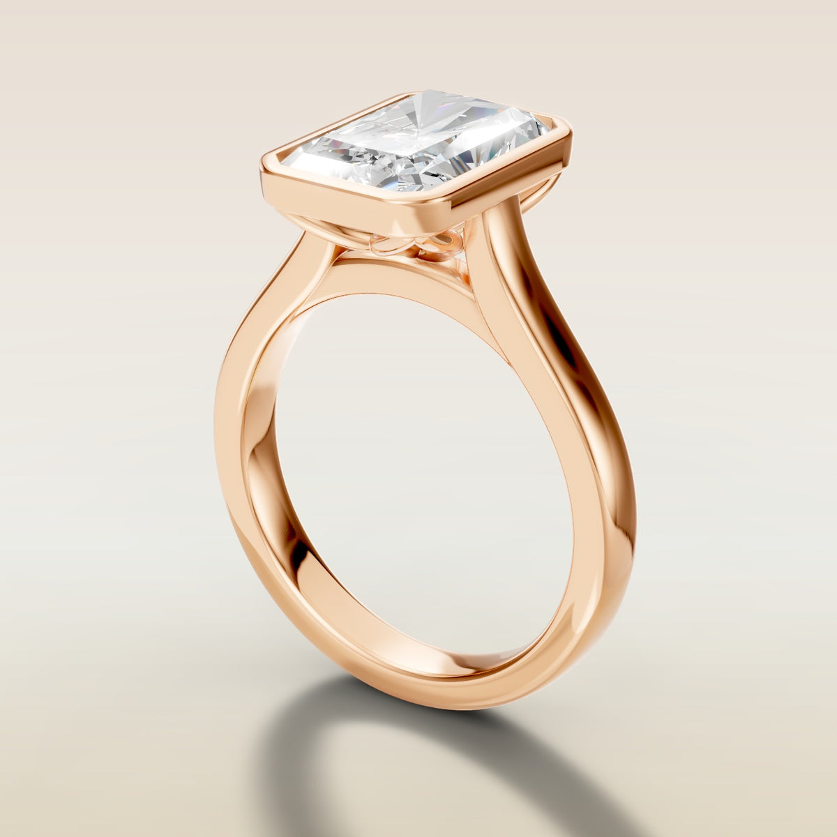 Radiant Tulip Full Bezel engagement ring in rose gold, angled side view