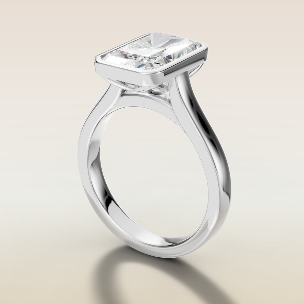 Radiant Tulip Full Bezel engagement ring in white gold, angled side view