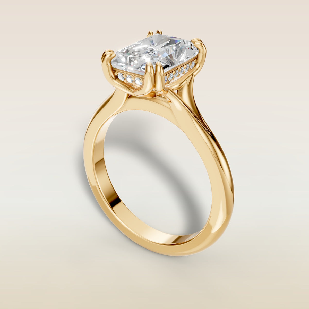 Radiant Tulip Hidden Halo Double Prong Split Shank engagement ring in gold, back angle