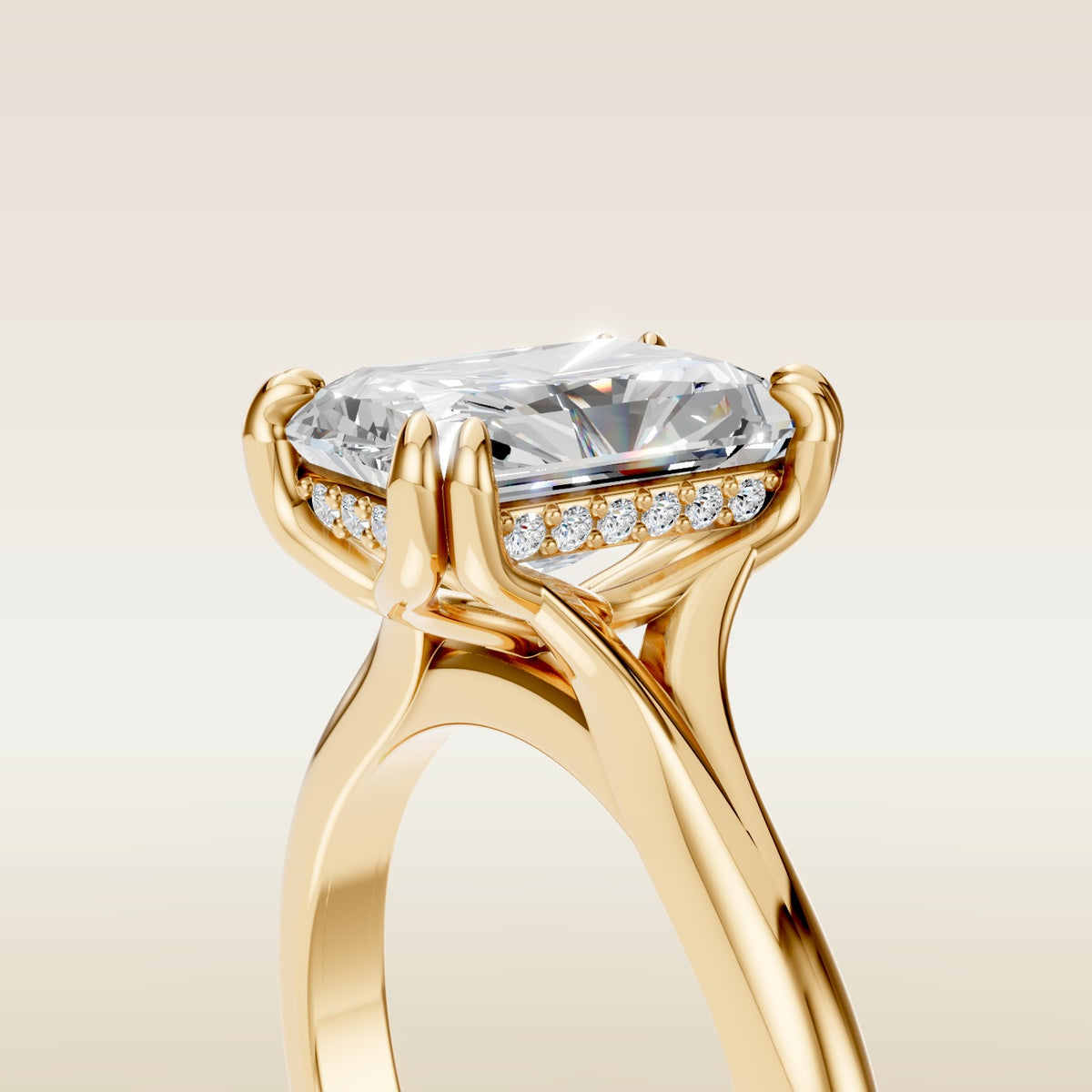 Radiant Tulip Hidden Halo Double Prong Split Shank engagement ring in gold, basket close up