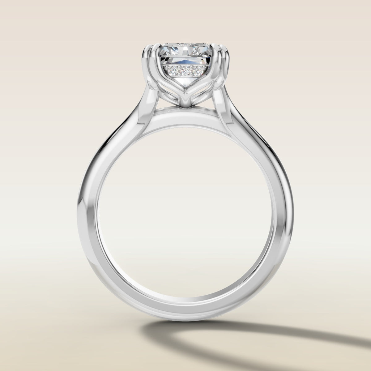 Radiant Tulip Hidden Halo Double Prong Split Shank engagement ring in white gold, front view